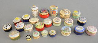 Group of twenty-three enameled trinket boxes to include 9 Crummles English boxes, 4 Blistom and Battersea, 2 Worcestershire, 2 Alastor and 6 Staffords