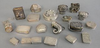 Twenty small silver boxes and containers to include two Continental silver snuff boxes in form of fruit baskets, house form salt, horn snuff box, two 