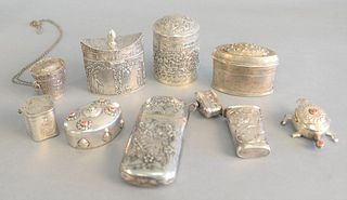 Lot of silver boxes, the tallest 4 3/4", to include Etui case, turtle box with coral, pencil holder, pill box, hinge lid boxes, small case with chain,