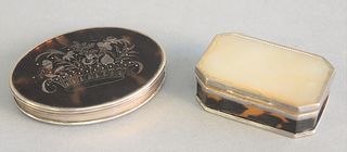 Two snuff boxes, oval with silver case and tortoise cover, lg. 2 1/4" and bottom having silver inlaid basket of flowers along with small box with silv