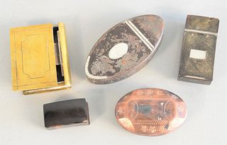 Five snuff boxes to include 1 copper marked David Baynham "Blacksmith", Rhymney, 2 horn, 1 gold mounted, 1 tin silver mounted, one brass.