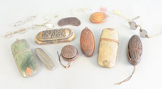 Group of eyeglass cases, 2 oval Chinese holders with glasses, 2 round carved holders with folding glasses, 2 shagreen eyeglass cases.