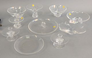 Group of ten Steuben glass pieces to include footed dish, pair of bowls, 2 candlesticks, etc., largest dia. 10 1/2".