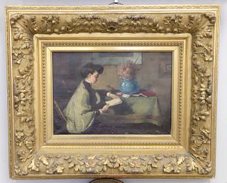 Victorian oil on canvas, interior scene of seated girl reading, gilt Victorian frame, 10" x 14".