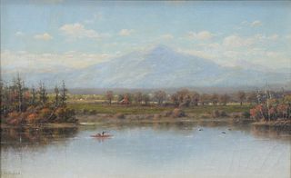 J.W. Nunns, oil on canvas, Duck Hunting fall landscape, signed lower left J.W. Nunns, 8 1/2" x 13 1/2".
