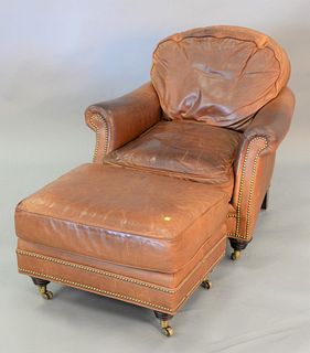 Leather upholstered easy chair, worn, ht. 35", wd. 35".