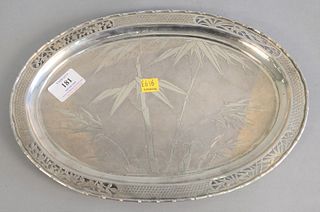 Chinese silver oval tray with bamboo tree decoration, lg. 13", 15.2 t.oz.