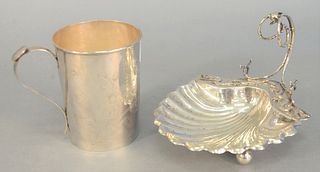 Two piece Chinese silver lot to include mug with handle, ht. 4 1/4" and shell-shaped dish, ht. 4 1/2", 11 t.oz. .