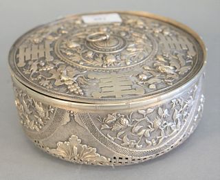 Chinese Export silver covered box, potpourri box, cover and sides having phoenix birds, coy flower decoration, bottom reticulated basket form, ht. 3",