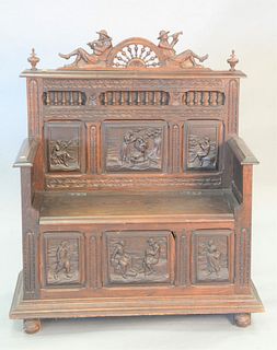 Victorian carved hall bench with lift seat, ht. 46", wd. 41", dp. 18".