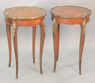 Pair Louis XV style stands with round inlaid tops and bronze mounts, ht. 28", dp. 18".