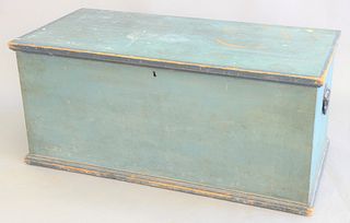 Primitive lift top chest in blue paint with dovetailed corners, ht. 18", top 19" x 39".