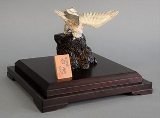 Japanese silver falcon on carved base in glass case, ht. 9 3/4", wd. 9 1/4".