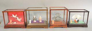 Four Japanese silver figures in shadow boxes to include Japanese silver crane and turtle, bonsai tree, 2 figures and a fan, largest ht. 7 3/4", wd. 9"