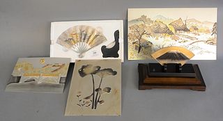Group of 5 silver Japanese fans and plaques.