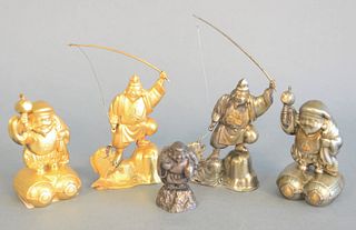 Five silver and gold plated miniature Okimono and Daikon figurines, tallest ht. 5".