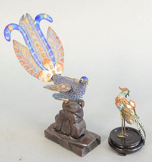 Two Chinese enameled birds of paradise having silver filigree and enameled feathers, ht. 3 1/2" and 7 1/2".