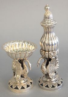 German silver pepper and salt each on swan pedestals, ht. 4", open salt and pepper shaker, ht. 7 1/2", 9.6 t.oz.