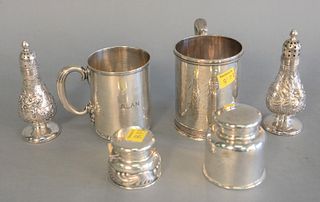 Six piece Tiffany & Co. silver lot, two inkwells, two mugs ht. 3 3/4", two repousse pepper shakers, 12.3 t.oz. weighable plus inkwells.