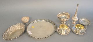 Continental silver group to include German silver tray, dia. 10 1/2", pair of cups with saucers, oval repousse dish, compote with palm trees and figur