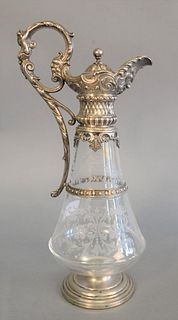 Crystal and silver claret jug with figural handle, ht. 14 1/2".