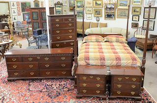Baker five-piece mahogany bedroom set with queen 4 post bed ht. 80", chest on chest, ht. 67", triple chest, lg. 72", pair night tables.