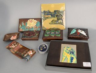 Group of 9 Japanese enameled pieces to include 4 Yamamoto Moriage enameled boxes, 2 enameled trays, Prague farm landscape signed lower left and 2 plaq