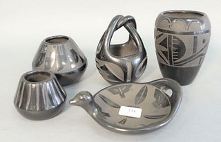 Group of 5 Santa Clara Blackware Indian pottery pieces to include 3 vases, dish and basket, tallest 6".