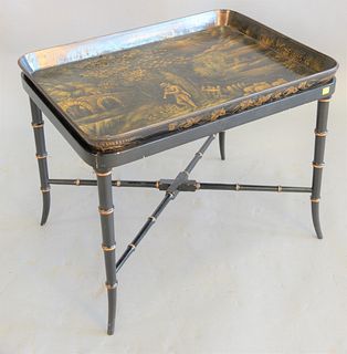 Papier-mache tea tray on faux bamboo stand, marked "Illidge" sold with bill of sale from Schuskill House, ht. 20", top 19 1.4" x 26 1/4".