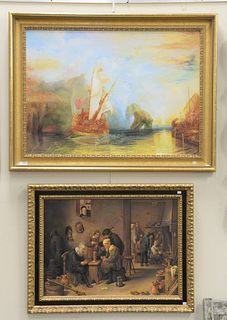 Group of four framed paintings: unsigned sunrise ships near island shore; unsigned oil on canvas depicting a wizard amongst mythological creatures, 18