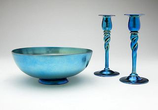 Group of 3 Steuben blue Aurene art glass items