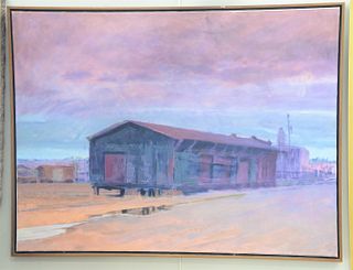 Contemporary oil on canvas of train station, signed illegibly lower right, 36" x 48", Provenance: Property from the Credit Suisse Collection.