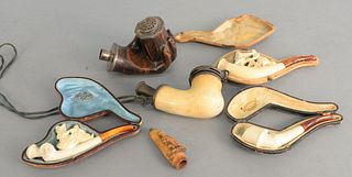 Six pipes, 3 Meerschaum, 1 18th C. carved treen pipe in the form of a hand holding a pipe bowl.