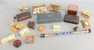 Tray lot of assorted boxes and trinkets to include card holder, snuff boxes, bone boxes, enameled pipe, etc.