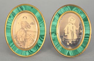 Proval miniature portrait frames with malachite and brass frames, 4 1/2" x 3 1/4".