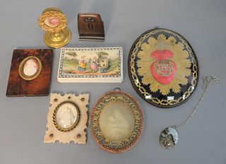 Box lot to include Jasper necklace, religious medal in stand, cameo, cross heart embroidery, Virgin Mary and Child carved plaque.
