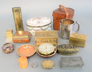 Tray lot of boxes to include pipe box, brass box, porcelain box, ruby cut to clear box, silver plated cup in original leather holder, etc.