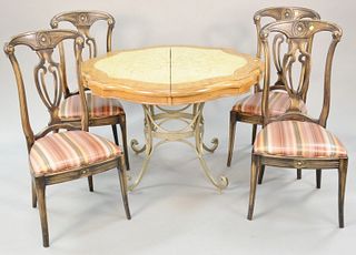 Contemporary table, ht. 30", dia. 47", open 47" x 65", 1 leaf, 18" along with 4 chairs.