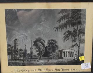 19th C. sandpaper drawing, Yale College and State House, New Haven, CT, sight size 11 1/2" x 14 1/2".