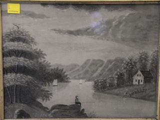 Sandpaper mountainous landscape depicting a man fishing, 9" x 11 1/2".