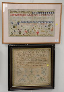 Two framed samplers, Eliza S. Adee, Nine Partners Boarding School, 1827, 17" x 17" along with a school sampler having needlepoint house figures and fl