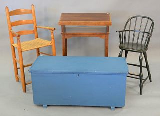 Four piece lot to include Windsor style youth chair, ladderback tall chair, dictionary stand and lift top chest, ht. 16", wd. 39".