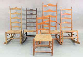 Four piece lot to include 3 Shaker five slat rockers plus a Shaker side chair, Estate of Marilyn Ware Strasburg, PA.