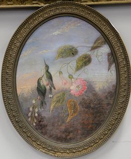 Two hummingbirds with flowers, oil on board, 8" x 10", after Martin J. Heade, signed illegibly lower right E.M. 1862.
