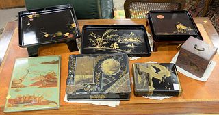 Group of 8 Japanese lacquered pieces to include red lacquered kadusu, 4 trays, box with gilt landscape and a papier mache lap desk with painted panels