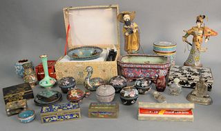 Large group of Chinese enameled and cloisonne to include Plique-a-jour bowl in fitted box, 2 cloisonne figures, boxes, vases, snuff bottles, etc.