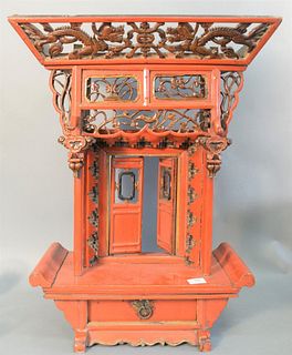 Chinese tabletop shrine, red painted with carved dragons, ht. 27 3/4", wd. 22".