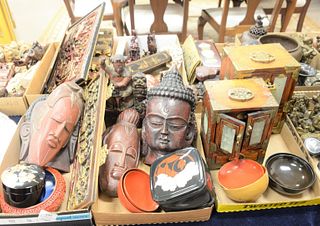 Seven tray lots of Japanese and Asian items to include soapstone figures, lacquered boxes, carved mask, carved plaques, lacquered fan box, lacquered b