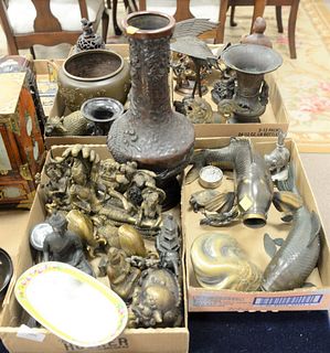 Four tray lots of Chinese and Japanese brass and bronze figures and vases to include crane, Buddha, scholars, koi, etc.