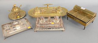 Five desk sets to include 2 silver plated desk sets, 1860's English having military soldier in center with inkwell on each side along with desk set ha
